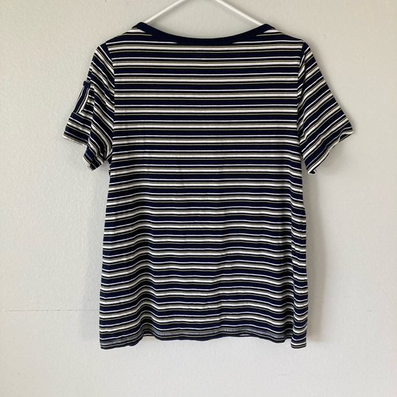 Kim Rogers Striped Knit Short Sleeve Shirt Size Medium Petite Gold Button Pocket - Picture 6 of 7